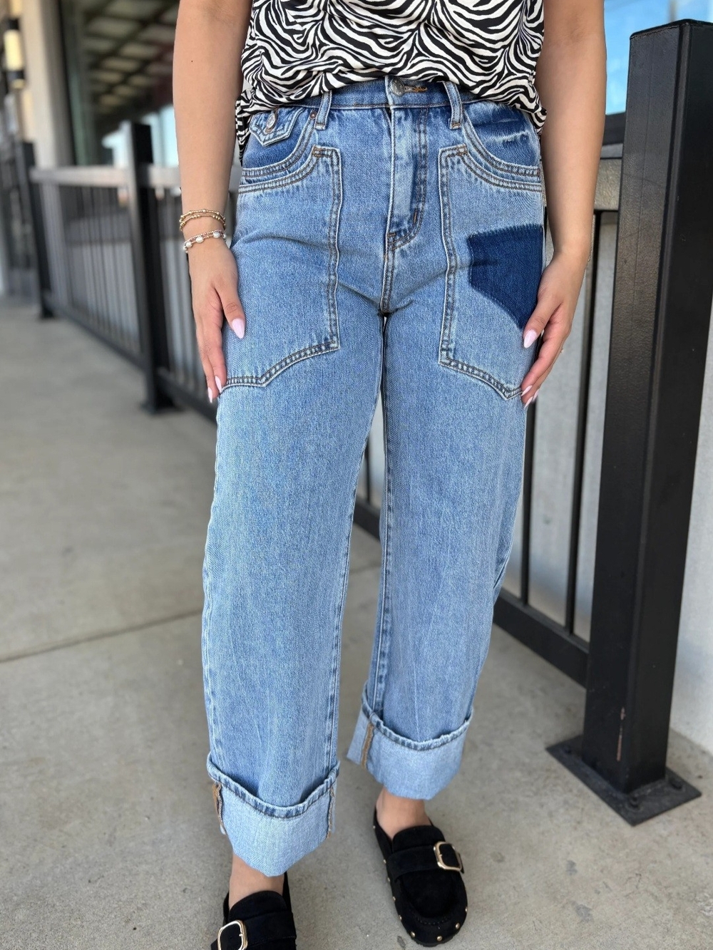 Light Blue Boyfriend Jeans with Patch Pocket Detail